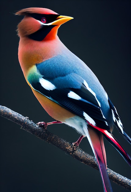 Illustrazione 3d di uno splendido e realistico uccello waxwing bohémien su sfondo scuro