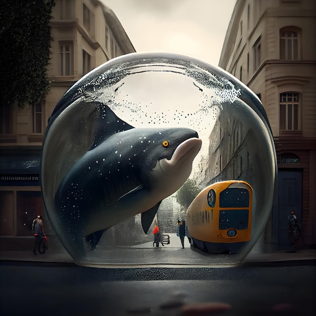 Illustrazione 3D di uno squalo all'interno di una palla di vetro in città