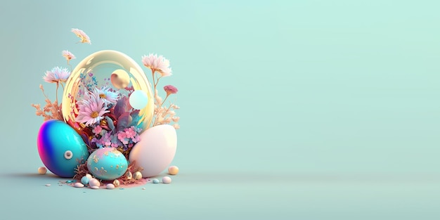 Illustrazione 3D di uova di Pasqua e fiori con un tema da favola per Banner