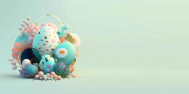 Illustrazione 3D di uova di Pasqua e fiori con un tema fiabesco per sfondo e banner