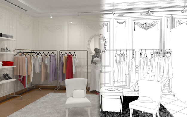 illustrazione 3D di visualizzazione degli interni del negozio di abbigliamento