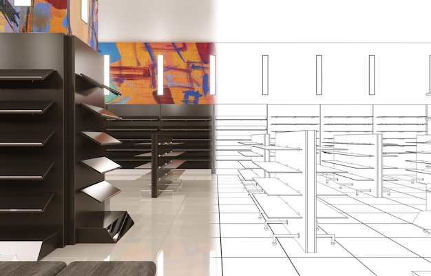 illustrazione 3D di visualizzazione interna del negozio di locali commerciali