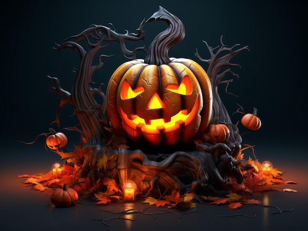 Illustrazione 3D di zucca di Halloween con occhi luminosi su uno sfondo scuro