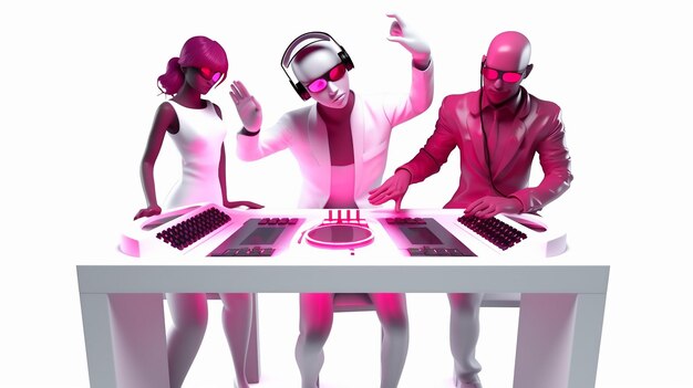 Illustrazione 3D Dj personaggi alla console donna e uomo