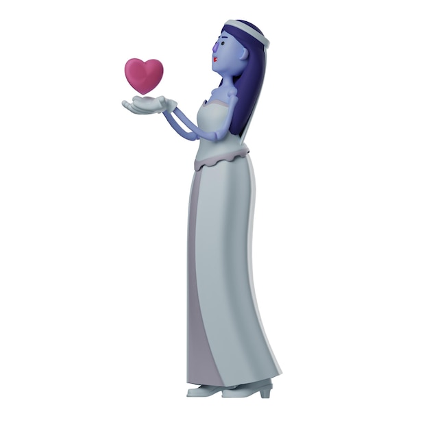 Illustrazione 3D Dolce personaggio 3D Skull Princess con un cuore rosso con la testa che guarda in alto mostra