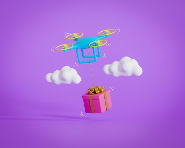 illustrazione 3d drone porta la confezione regalo in cielo