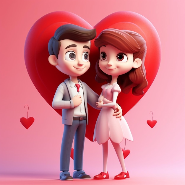 Illustrazione 3D due personaggi che tengono un cuore giorno di San Valentino AI generativo