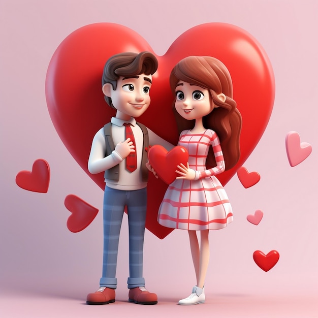 Illustrazione 3D due personaggi che tengono un cuore giorno di San Valentino AI generativo