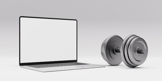 Illustrazione 3D Dumbbell e un laptop su uno sfondo isolato