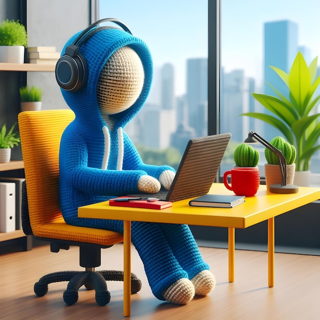 Illustrazione 3D Figure di dipendenti di bambole a crochet che lavorano davanti a un computer in una stanza d'ufficio