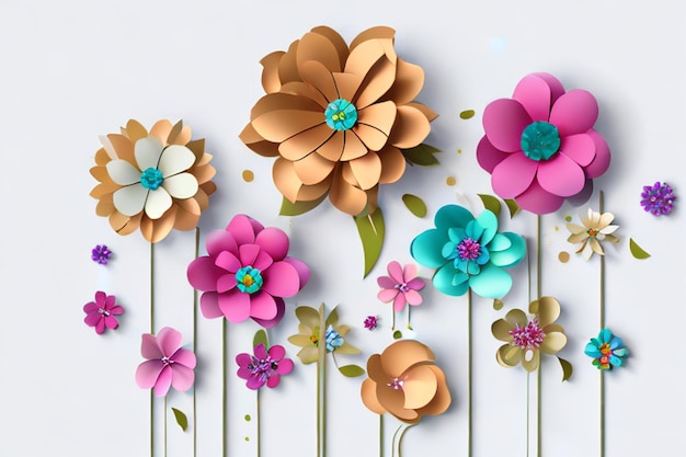 illustrazione 3d fiori di carta vividi sfondo floreale luminoso per le vacanze Biglietto di auguri per la festa della mamma carta da parati di Pasqua