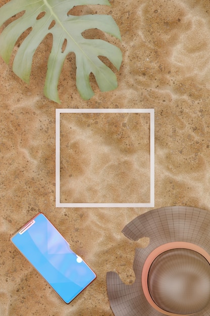 illustrazione 3D. Fondo della sabbia della spiaggia. Cappello di paglia, foglia tropicale e telefono cellulare su fondo sabbioso, vista dall'alto. Linea bianca quadrata per logo e testo