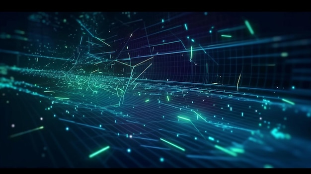 Illustrazione 3D futuristica di un flusso di dati IT per il trasferimento di dati Big dataGenerative AI