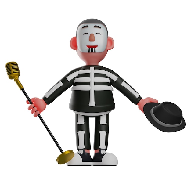 Illustrazione 3D Happy Face 3D Skeleton Boy Cartoon Illustrazione con cappello nero e microfono