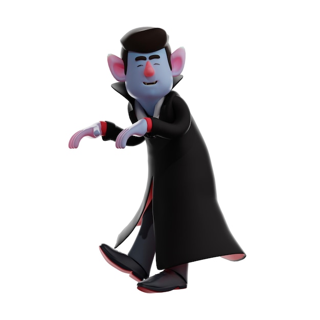 Illustrazione 3D I personaggi 3D Dracula Vampire Design hanno pose carine e un sorriso carino con gli occhi