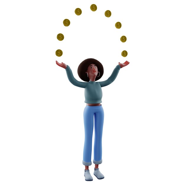 Illustrazione 3D Il personaggio dei cartoni animati 3D Rich Afro Girl che manipola monete d'oro in una strana posa mostra
