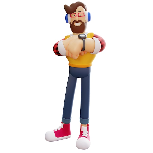 Illustrazione 3D Illustrazione del personaggio Cool Guy 3D che indossa un orologio in piedi in una bella posa