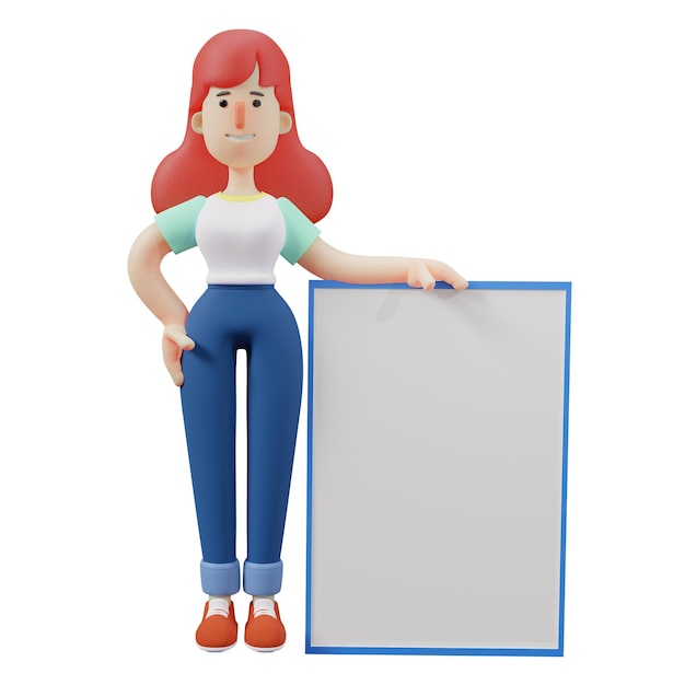 Illustrazione 3D Immagine cartoon del personaggio 3D di Cute Girl in piedi vicino alla lavagna con le mani