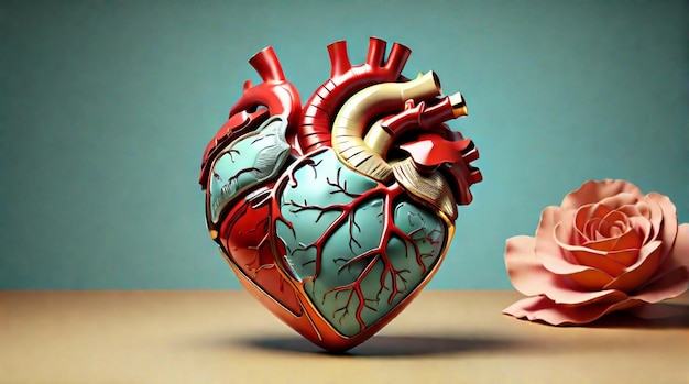 Illustrazione 3D in stile vintage di un cuore umano anatomico su sfondo colorato