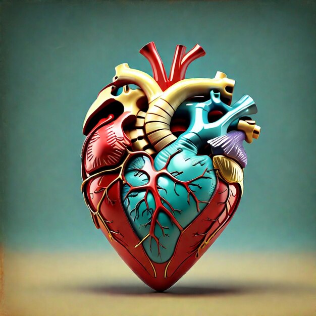 Illustrazione 3D in stile vintage di un cuore umano anatomico su sfondo colorato