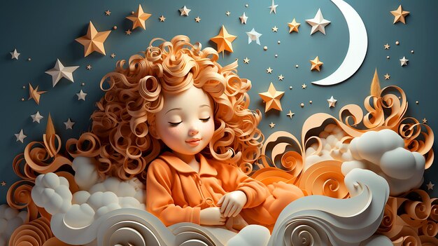 Illustrazione 3D infantile di un bambino che dorme su nuvole illuminate dalla luna