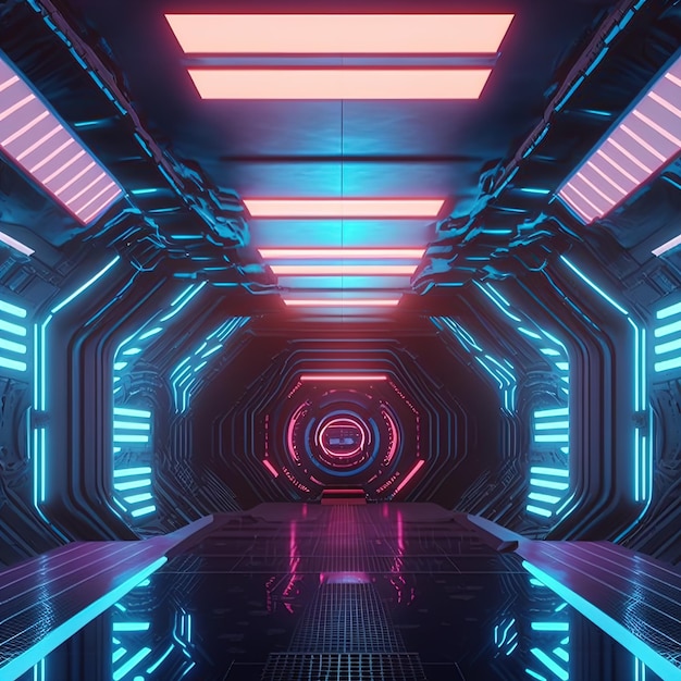 Illustrazione 3d interna dell'astronave futuristica cyberpunk