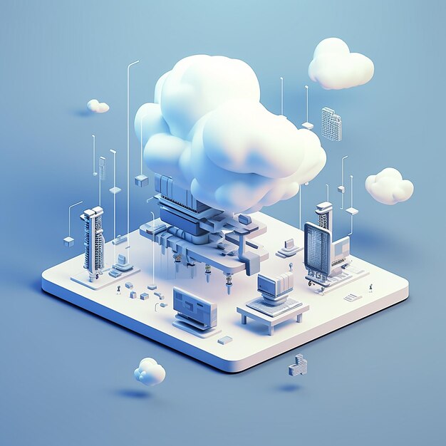 illustrazione 3D isometrica di una moderna infrastruttura di rete cloud