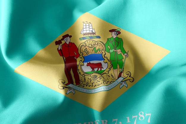 Illustrazione 3D La bandiera del Delaware è una regione degli Stati Uniti che ondeggia sullo sfondo tessile della bandiera del vento