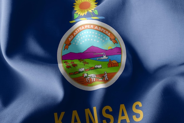 Illustrazione 3D La bandiera del Kansas è una regione degli Stati Uniti che sventola sullo sfondo tessile della bandiera del vento