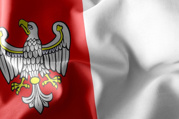 Illustrazione 3D La bandiera del voivodato della Grande Polonia è una regione della Polonia che ondeggia sullo sfondo tessile della bandiera del vento