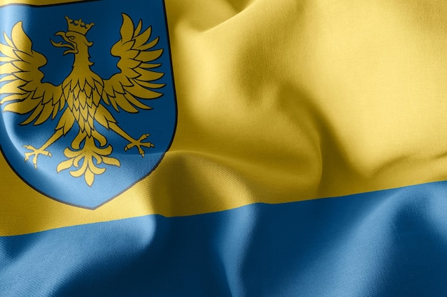 Illustrazione 3D La bandiera del voivodato di Opole è una regione della Polonia che sventola sullo sfondo tessile della bandiera del vento