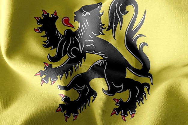 Illustrazione 3D La bandiera delle Fiandre è una regione del Belgio. Sventolando sullo sfondo del tessuto della bandiera del vento