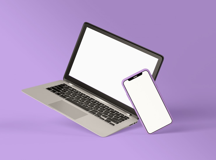 Foto illustrazione 3d. laptop e smartphone con schermo bianco.
