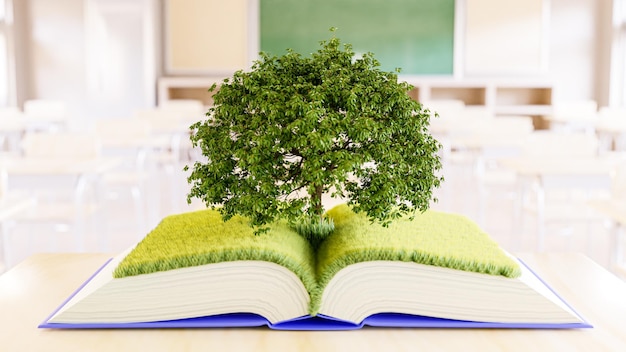 illustrazione 3D. Libro aperto con campo di erba verde e albero sullo sfondo dell'aula.