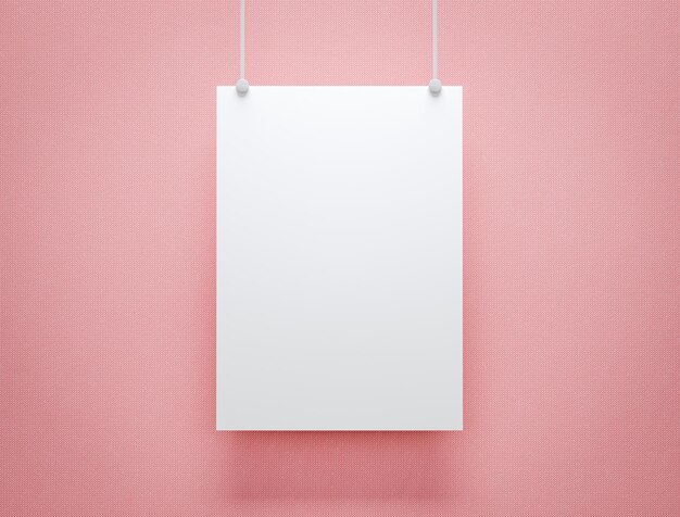 Illustrazione 3D Mockup di un poster bianco vuoto appeso su rosa