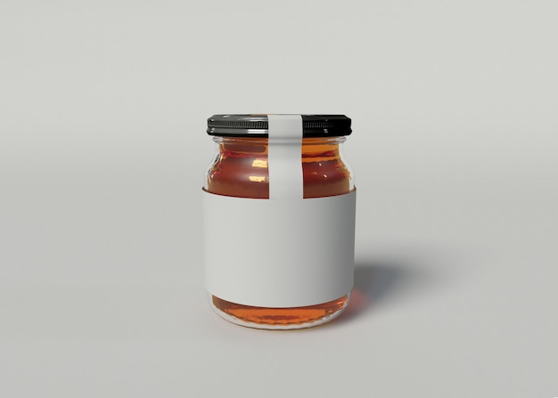 illustrazione 3D. Mockup di un vasetto di marmellata con un'etichetta vuota su sfondo bianco isolato. Concetto di imballaggio.