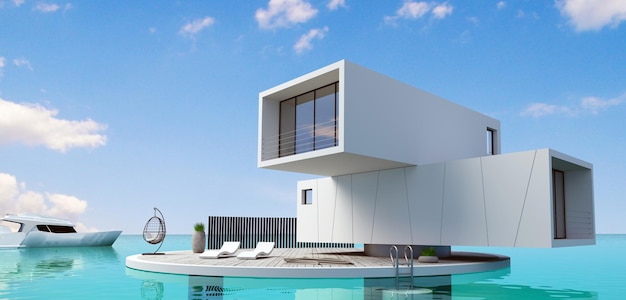 illustrazione 3d. Moderna villa casa galleggiante in alto mare