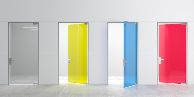 illustrazione 3D. Moderno Quattro porte in vetro multicolore su porte in vetro a parete nella hall o nel corridoio. Sfondo interno. Edificio pubblico. Armadi per ufficio, spogliatoi