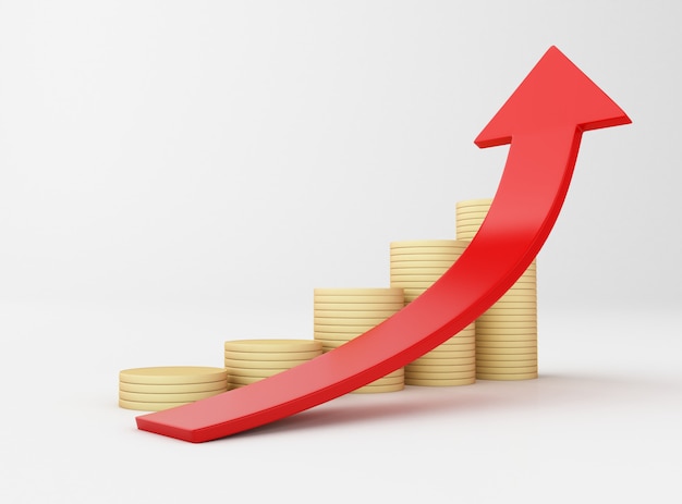 Illustrazione 3D Monete d&#39;oro e freccia del grafico. Successo negli affari
