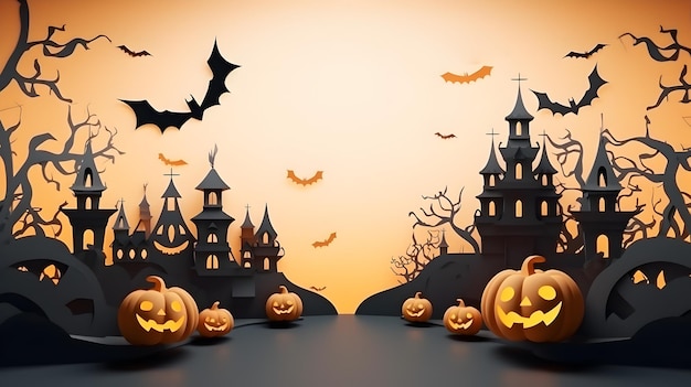 Illustrazione 3D notte horror Tema del giorno di Halloween in stile arte cartacea sulla cornice di sfondo della foresta oscura