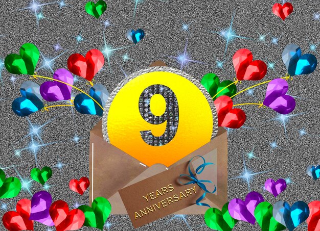 Illustrazione 3d Numeri d'oro per il 9° anniversario su un poster o una scheda di sfondo festivo