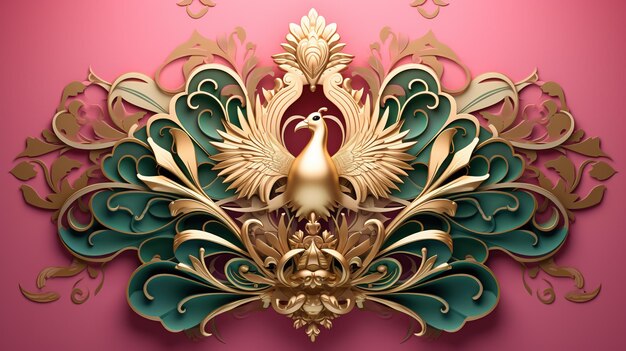 Illustrazione 3D ornato uccello d'oro in stile barocco