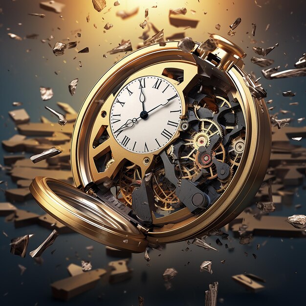 Illustrazione 3D Orologio da tasca fotorealistico rotto in pezzi che viene rimesso insieme