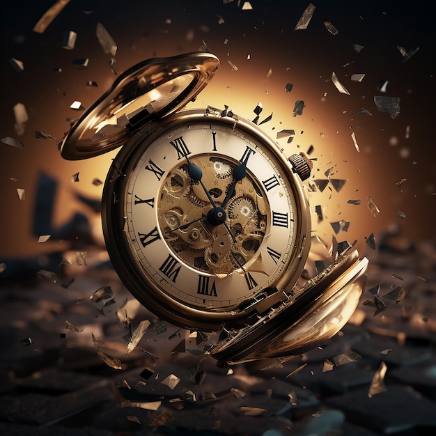 Illustrazione 3D Orologio da tasca fotorealistico rotto in pezzi che viene rimesso insieme