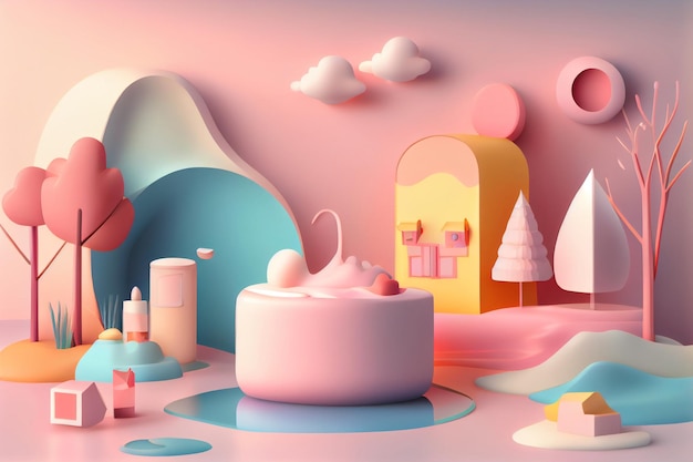 Illustrazione 3D Paesaggio a colori pastello