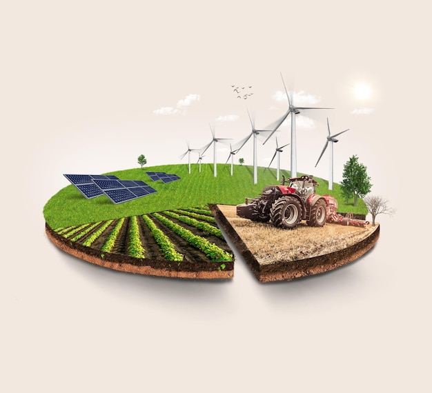 illustrazione 3d Pannelli a energia solare isolati in un paesaggio rotondo con erba, trattore