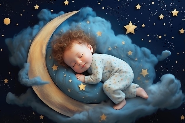 Illustrazione 3d per bambini con luna e bambino addormentato Bellissimo poster per baby room o camera da letto Biglietto d'auguri per bambini