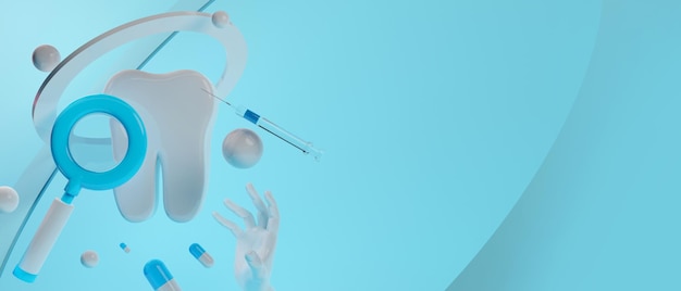 Illustrazione 3D per il dente del dentista galleggiante con assistenza sanitaria medica per l'attività dentale
