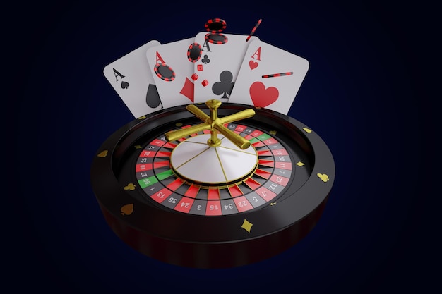 Illustrazione 3D per roulette americana, giochi da casinò per divertimento, denaro e fortuna, dadi, fiches del casinò