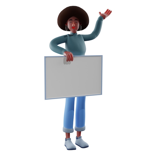 Illustrazione 3D Personaggio 3D Afro Girl che tiene in mano una lavagna con una bella acconciatura riccia che mostra